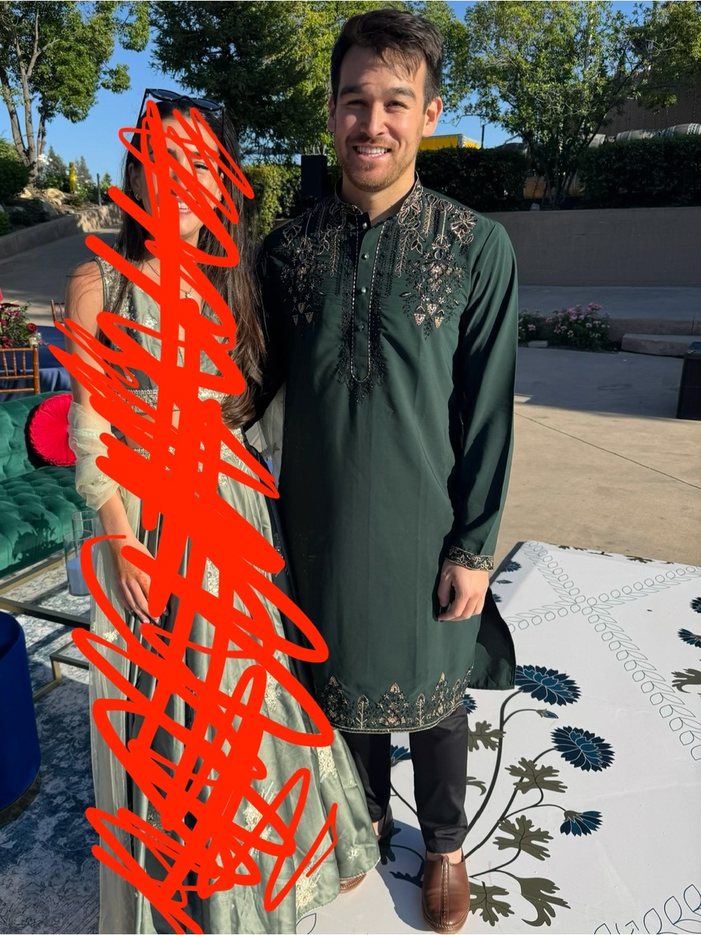 Men's Dark Green Embroidered Kurta, Indian Wedding